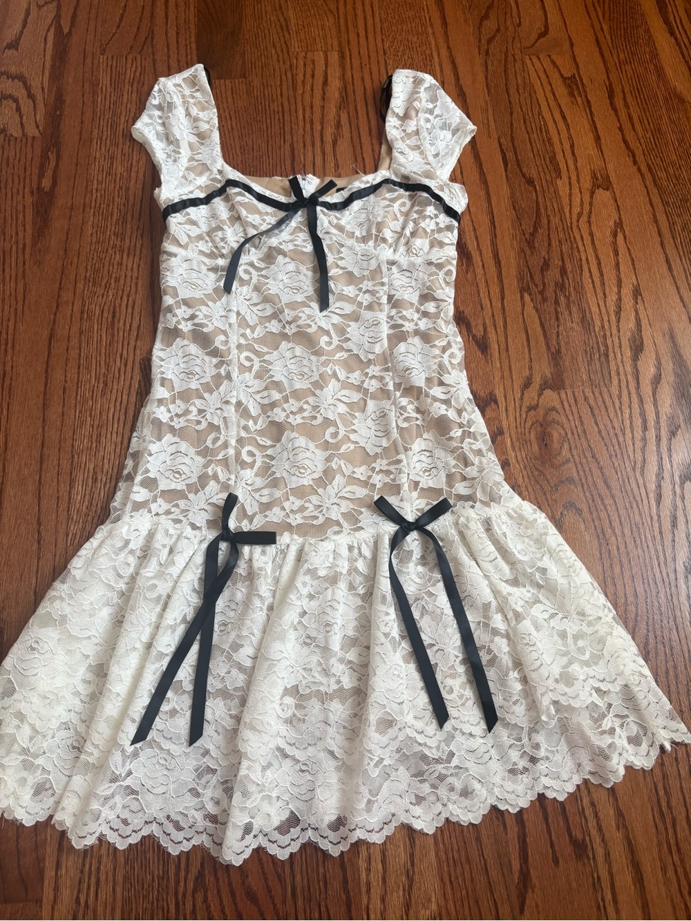 Forever 21 White Lace Mini Dress with Black Ribbon Trim